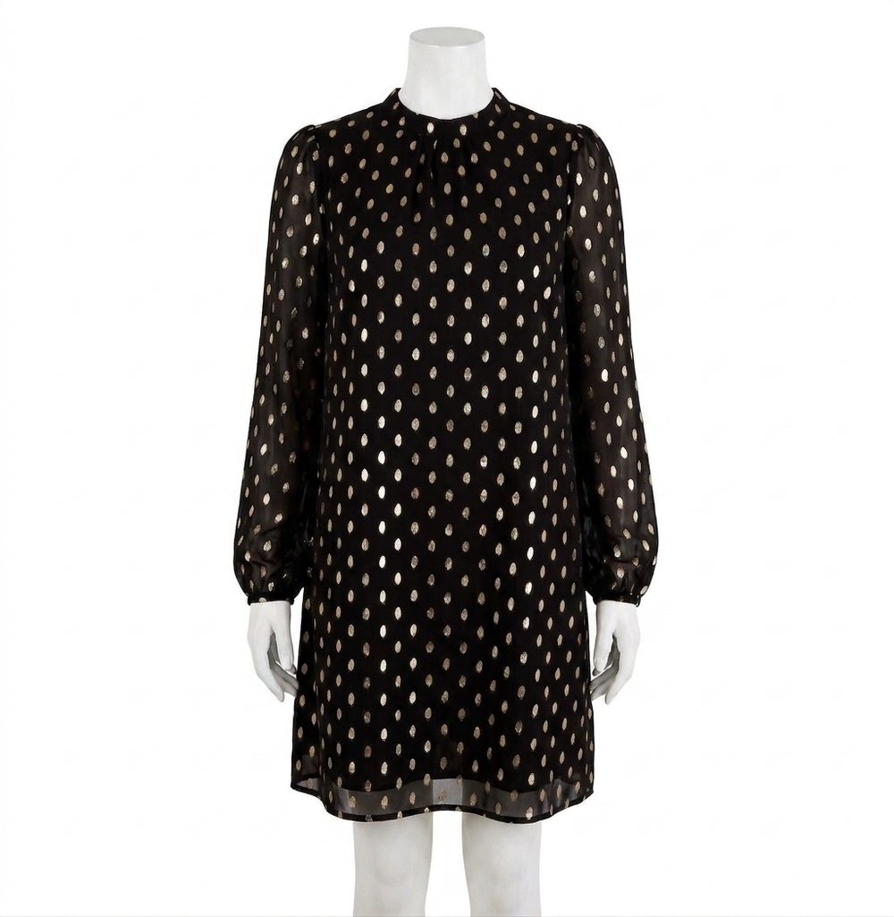 NEW APRICOT ikat foil polka dot long sleeve shift dress in black